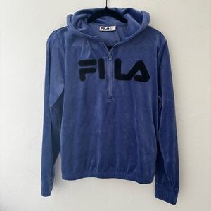 FILA Blue Velour Pullover Hoodie | Athletic, Casual, Comfort, Track
